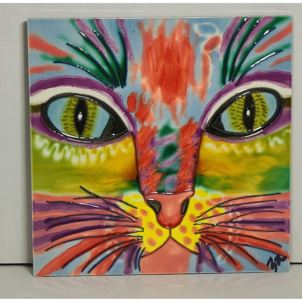 Colorful Psychedelic Cat Face Ceramic Art Tile Wall Decor Signed 8x8
